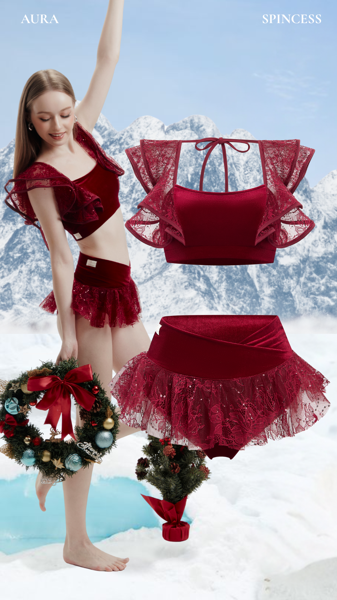 Woman in red outfit with ruffled details standing in a snowy landscape, with Christmas wreaths. Aura Design by Spincess Red model font