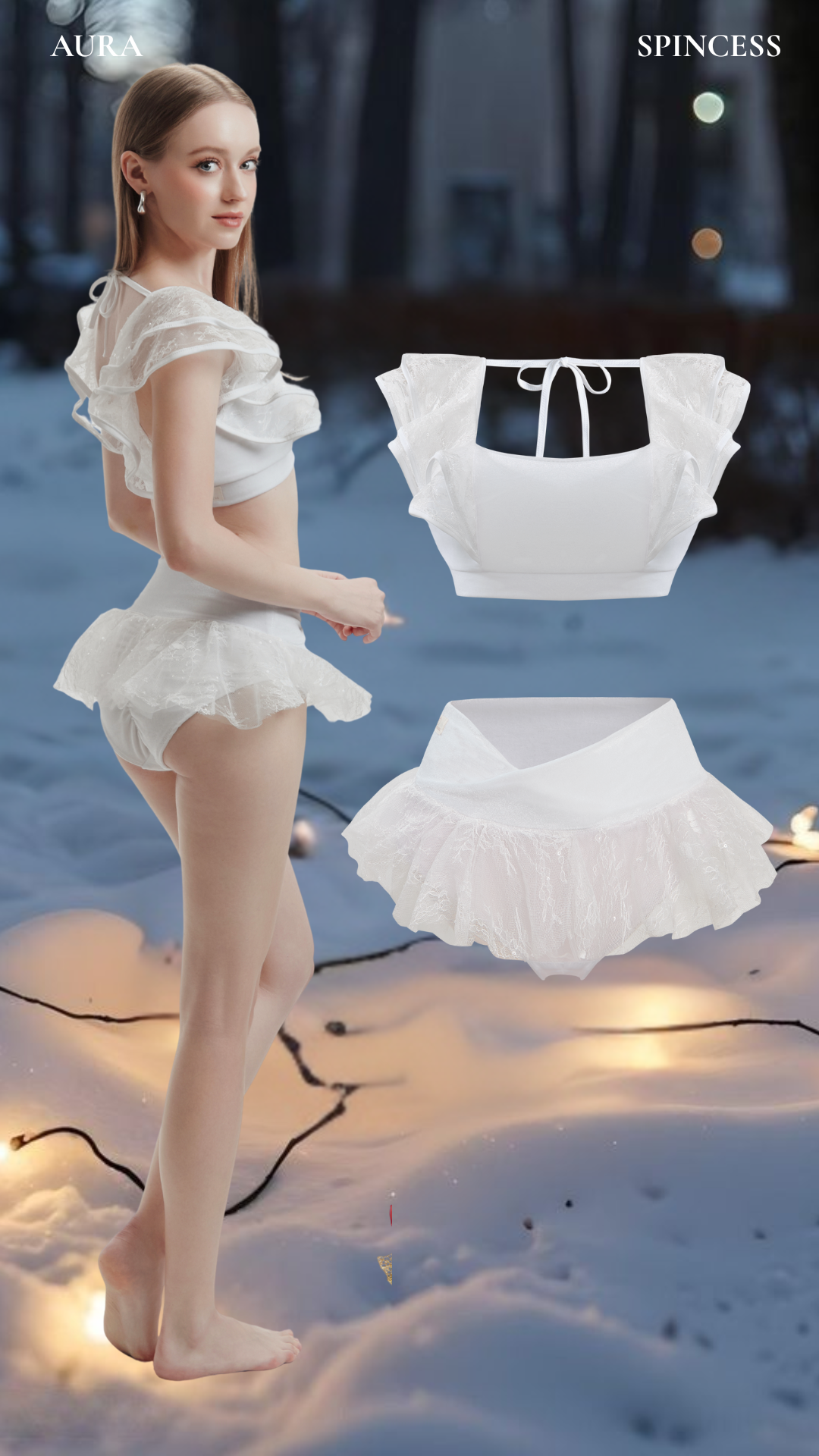 Woman in a white outfit with ruffled details standing on a snowy background, with clothing pieces displayed. Aura Design by Spincess White model font