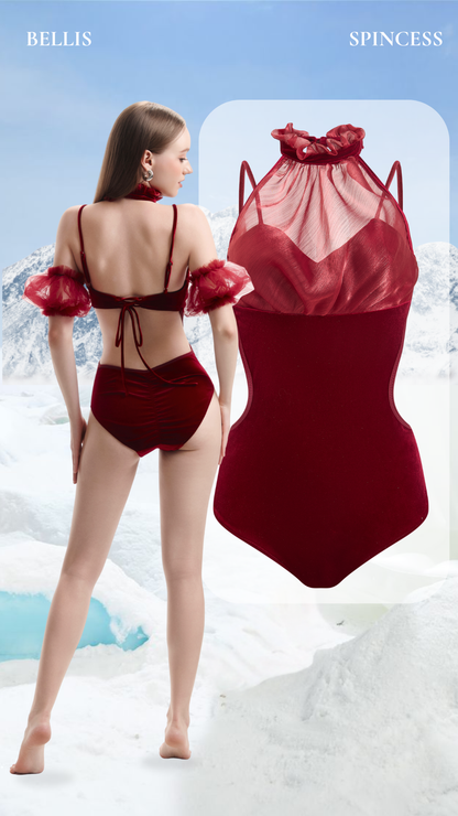 Red swimsuit with sheer details worn by a model against a snowy landscape Bellis Leotard Bodysuit Design by Spincess Model Red