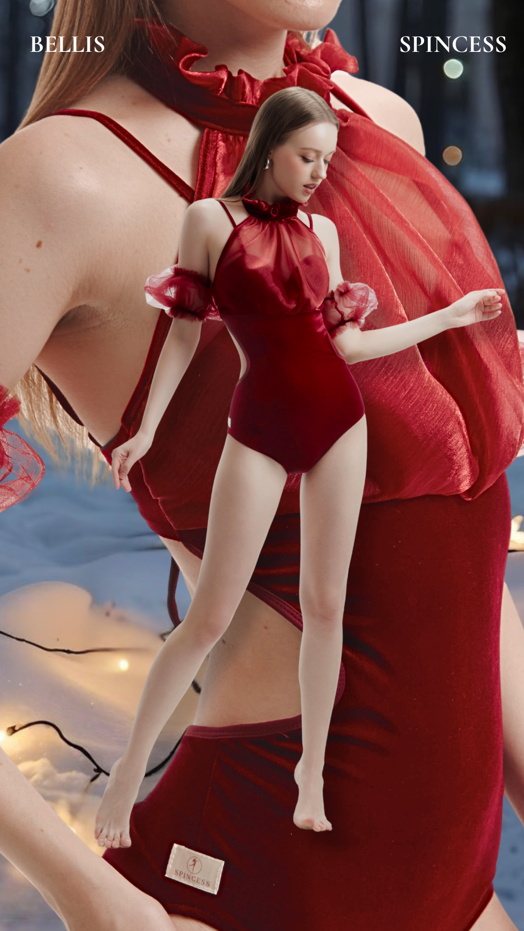 Red dress with a figure of a woman on a blurred background Bellis Leotard Bodysuit Design by Spincess Model Red