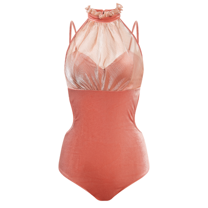 Peach-colored swimsuit with sheer mesh overlay on a white background Bellis Leotard Bodysuit Design by Spincess Pink Peach 3D