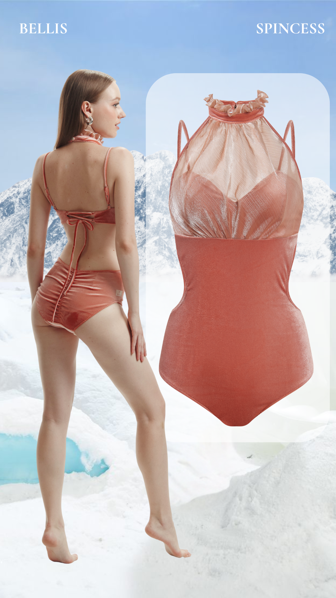 Woman wearing a peach-colored swimsuit with sheer overlay against a snowy background Bellis Leotard Bodysuit Design by Spincess Pink Peach Model