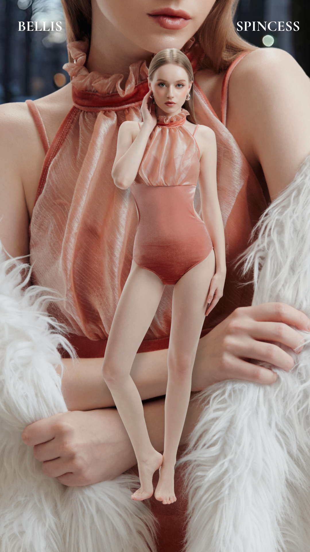 Woman in a pink outfit sitting on a white fur surface with a doll-like figure next to her. Bellis Leotard Bodysuit Design by Spincess Pink Peach Model