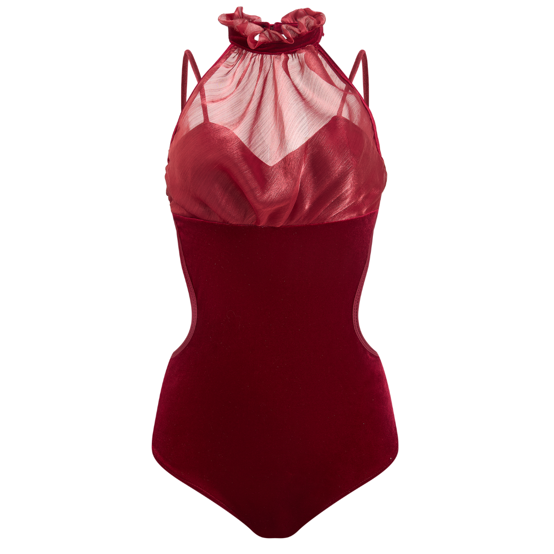 Red swimsuit with sheer overlay on a white background Bellis Leotard Bodysuit Design by Spincess Red 3D
