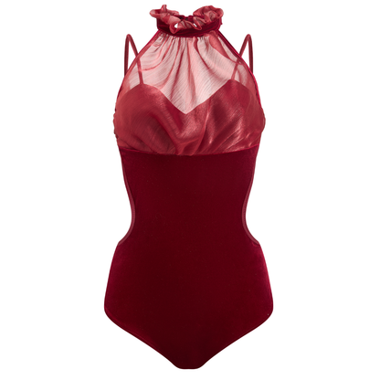 Red swimsuit with sheer overlay on a white background Bellis Leotard Bodysuit Design by Spincess Red 3D