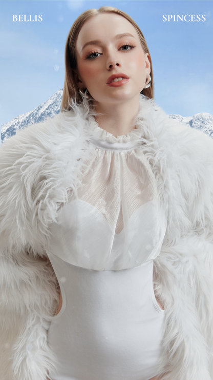 Woman wearing a white feathered outfit with a mountainous background  Bellis_Leotard_Bodysuit_Design_by_Spincess_White_Model_Front