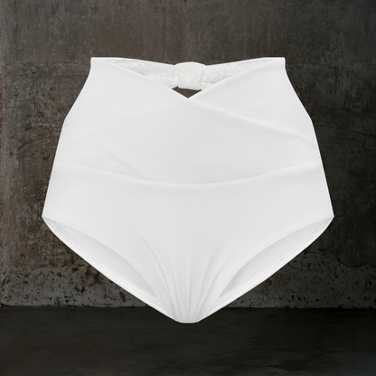 White high-waisted bikini bottom on a dark stone surface Nyx Bottom