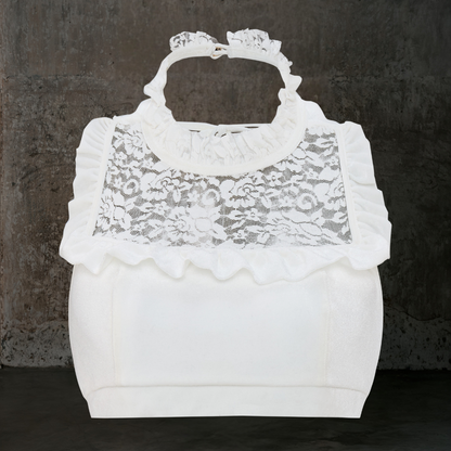 White lace handbag against a dark background Nyx Top White designed by Spincess Pole Dance, Aerial, Ballet Dancewear Elegant Dance Outfit