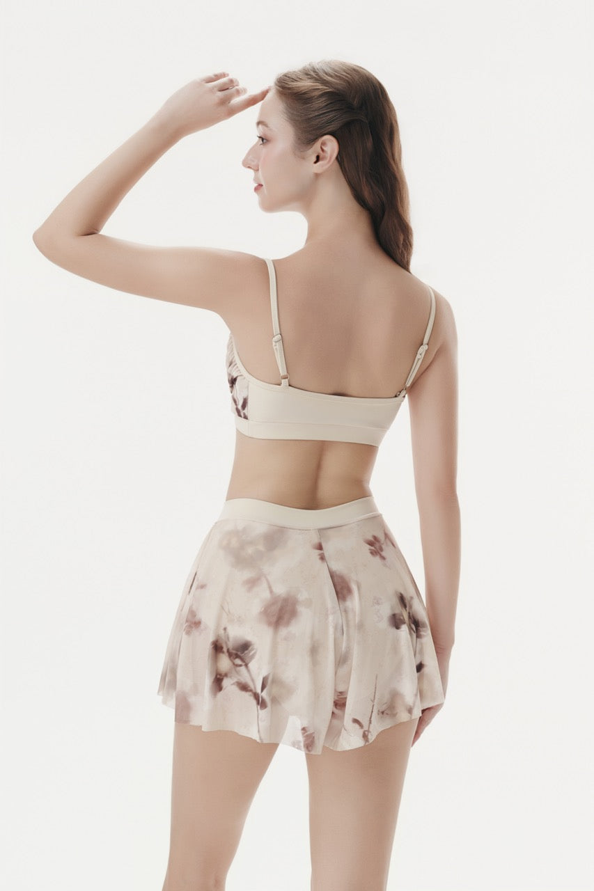 Woman wearing a white bra and floral skirt on a plain background Woman wearing a floral two-piece outfit on a white background Serene outfit design by Spincess pink